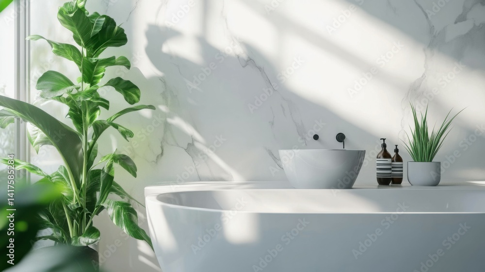 Modern Minimalist Bathroom with Marble Countertop, Greenery