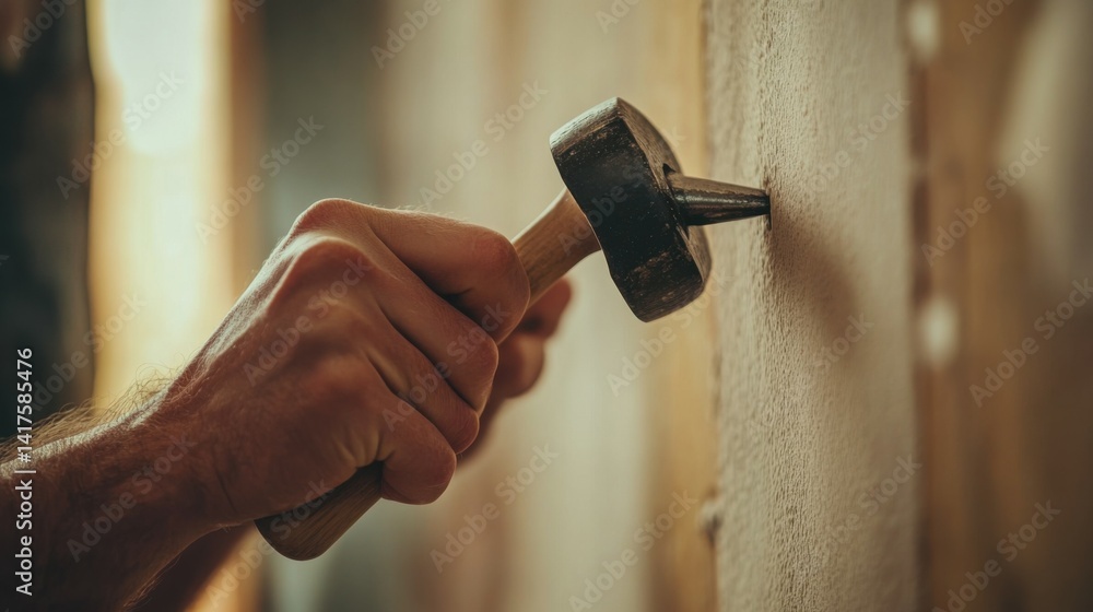 home improvement, repair and people concept - close up of hands hammering nail to wall