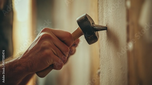 Obraz na płótnie home improvement, repair and people concept - close up of hands hammering nail to wall w salonie