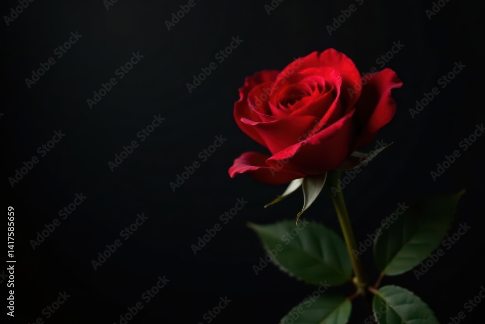 Fototapeta premium Single dark red rose, black backdrop, ample space , background, leaf