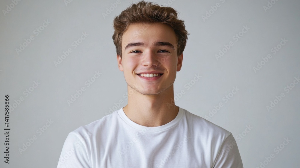 smiling young man in blank white t-shirt