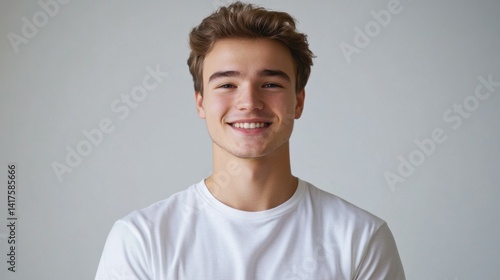 Obraz na płótnie smiling young man in blank white t-shirt w salonie