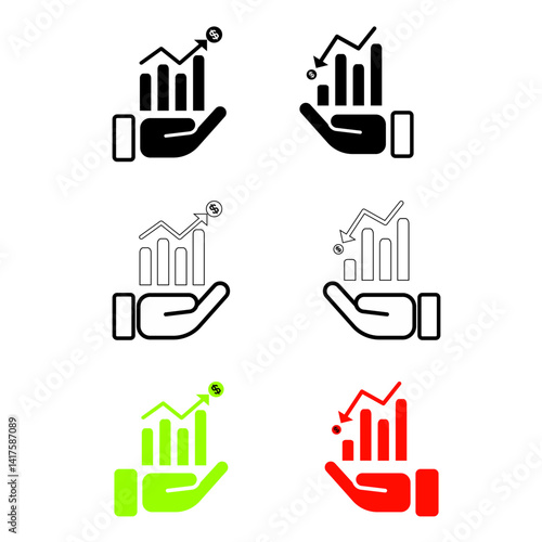 hand holding Graph bar up and down, black, white and color buttons
