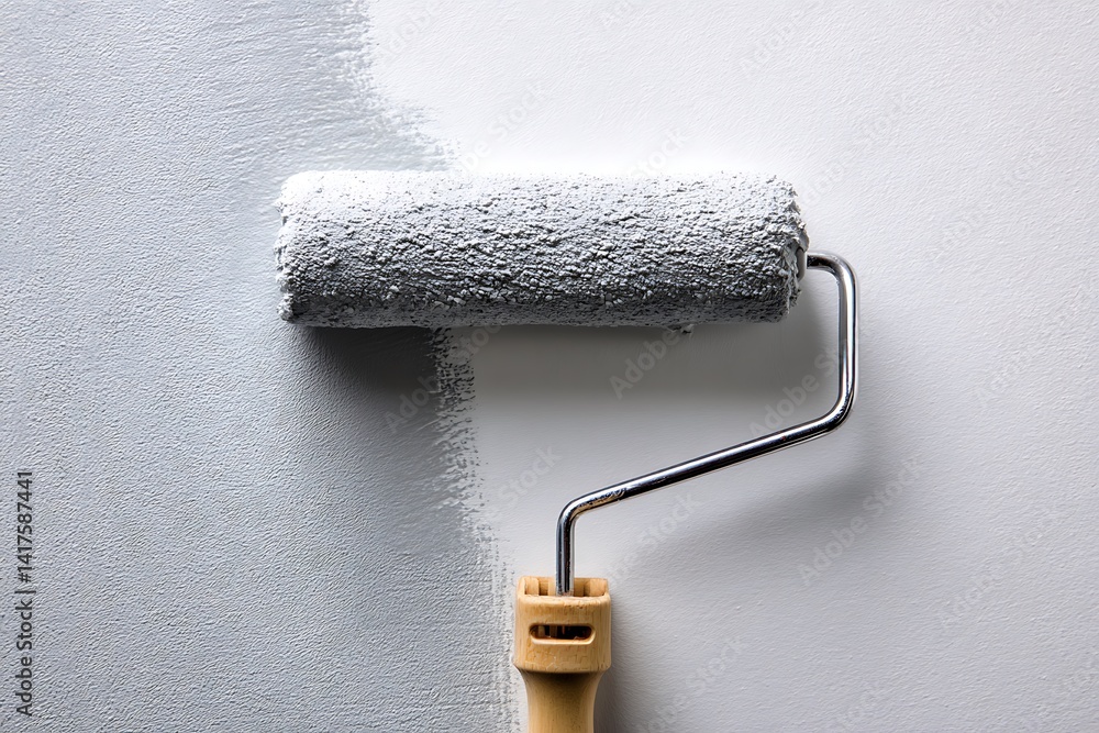 Obraz premium Gray paint applied by roller close-up symbolizing home renovation projects 