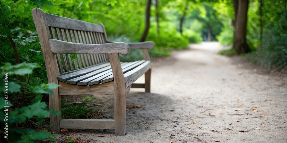 This tranquil park scene features a wooden bench nestled in lush greenery, inviting visitors to sit and enjoy nature's beauty and the peaceful atmosphere of the park.