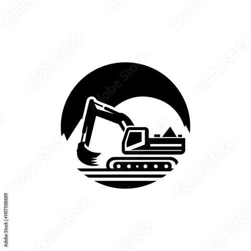 Construction Silhouette: A bold, graphic illustration of a heavy-duty excavator, rendered in striking monochrome, set against a sunburst backdrop that highlights industry and powerful machinery.