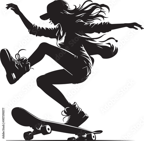 woman clipart silhouette vector, woman on a skateboard, woman on a skateboard illustration
