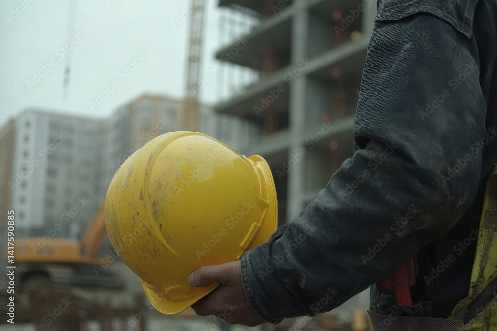 Construction worker holding yellow hard hat at building site