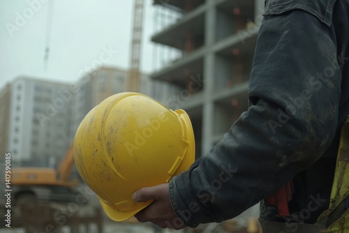Obraz na płótnie Construction worker holding yellow hard hat at building site w salonie