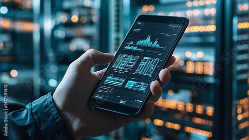 Person analyzing data on smartphone in a server room with glowing lights
