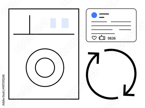 Washing machine with circular arrows and social media stats. Ideal for eco-friendliness, recycling, content sharing, digital trends, sustainability, user engagement, simple landing page