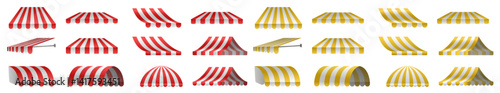 Commercial canopy awning for store. White and red, white and yellow striped tent for market, shop with shadows on transparent background. Vector design element.
