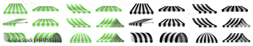 Commercial awning for store. Black and white, white and green striped tent for market, shop with shadows on transparent background. Vector design elements.