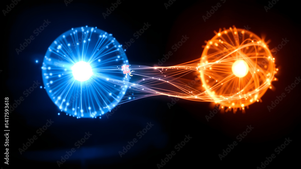 Minimalist quantum entanglement visualization as paired glowing orbs with energy bridge