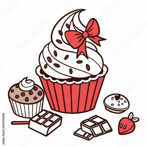 Coquette cupcake decorated with whipped cream, cute red bow. Sweet muffin in red paper cup. Baked dessert, sugar snack, small cakes. Flat vector clipart