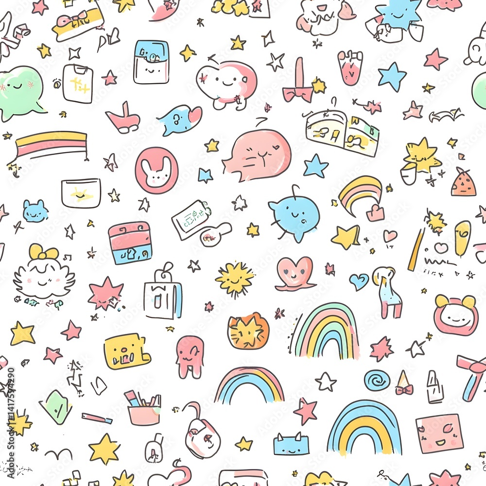 Whimsical, pastel-colored pattern of diverse cute doodles. Whimsical, pastel-colored pattern of diverse cute doodles.
