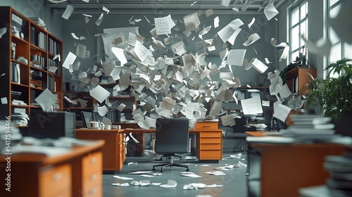Disarray fills the office space with papers flying.