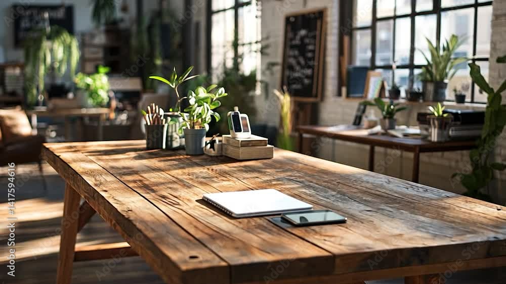 Rustic wooden table in a bright, modern office with plants and decor Rustic wooden table in a bright, modern office with plants and decor