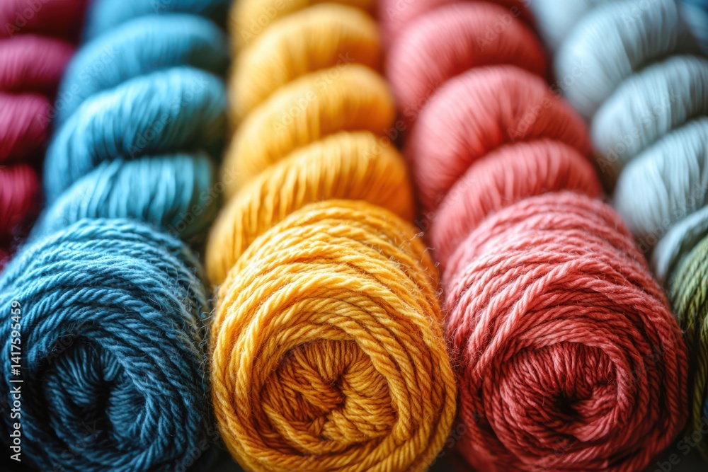Colorful skeins of yarn neatly arranged in a pile. Various hues include shades of blue, red, yellow, green, and purple. Colorful skeins of yarn neatly arranged in a pile. Various hues include shades of blue, red, yellow, green, and purple.