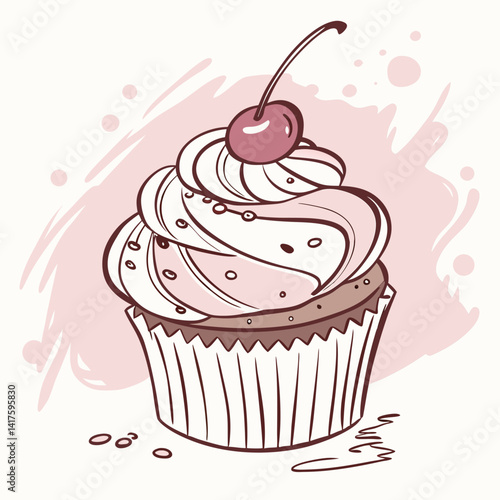 creamy and pink chocolate Astor cupcake watercolor illustration