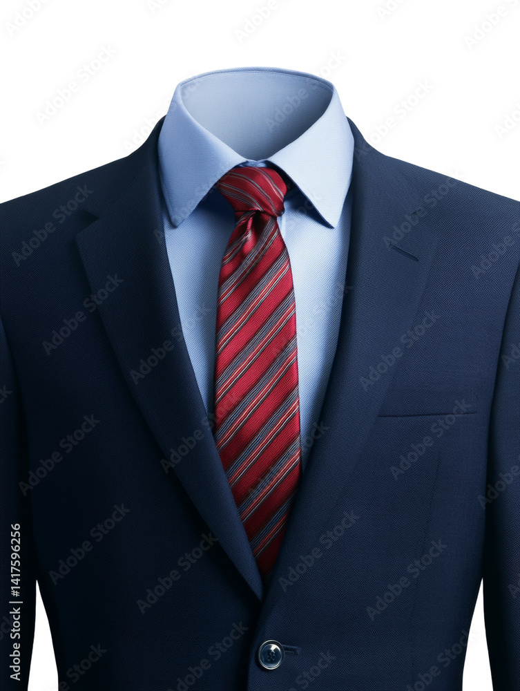Formal Wear: Elegant Blue Suit Paired with Striped Tie on Black Backdrop Formal Wear: Elegant Blue Suit Paired with Striped Tie on Black Backdrop