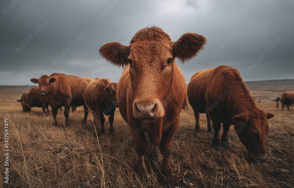 Fototapeta premium A gentle close-up of a cow and her calf walking through tall grass in a quiet pasture, capturing the warmth of rural life and the bond between animals in a serene countryside setting.