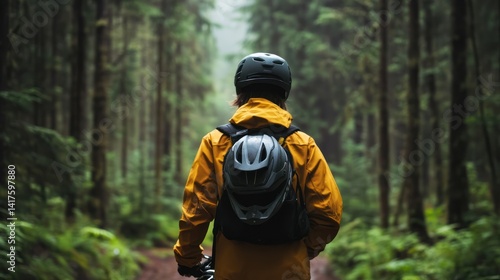 Wallpaper Mural Mountain biker heading into the forest trails with spare helmet attached to backpack Torontodigital.ca