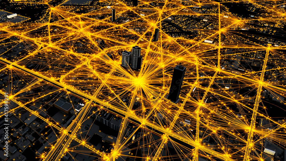 500+ micro-drone formation algorithm visualized in gold tracers over urban map