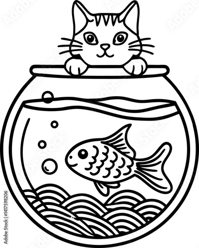 curious cat peeking over fishbowl playful pet illustration, adorable kitty and goldfish drawing