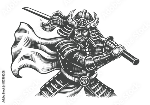 Black and white woodcut-style illustration of a samurai warrior in dynamic pose with detailed armor, helmet crest, and flowing fabric

