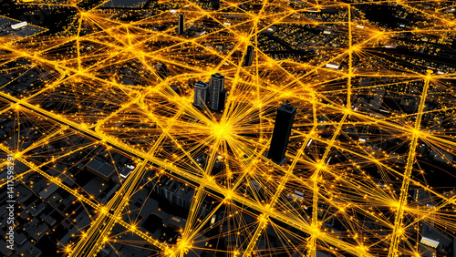 Obraz na płótnie 500+ micro-drone formation algorithm visualized in gold tracers over urban map w salonie