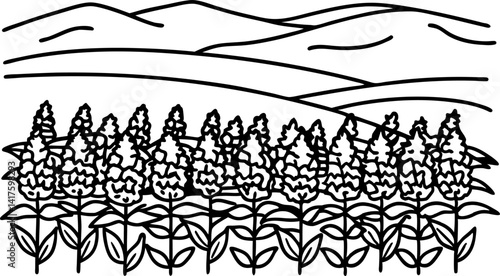 Outlined landscape with hills and trees, nature scene with greenery and rolling terrains