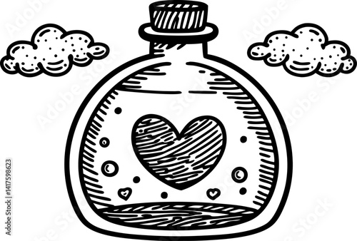 heart in a bottle illustration with clouds love, romance, fantasy, courage, adventure design