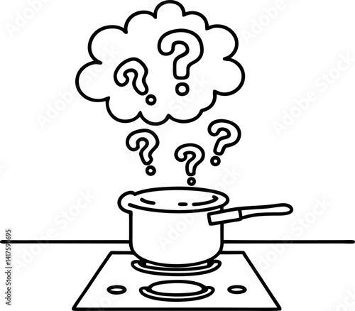 confused cooking pot on stove with question marks in thought bubble, kitchen mystery concept
