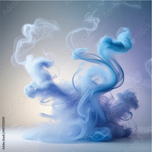 Swirls of blue smoke, a smooth wave of light against the white background, create an artistic and flowing pattern