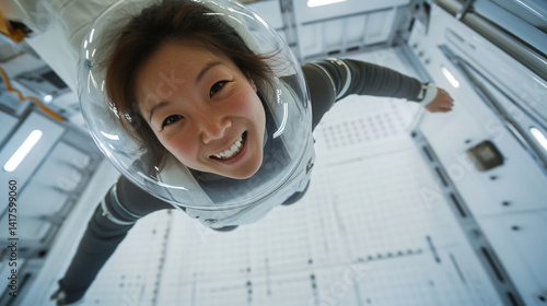 Fototapeta Naklejka Na Ścianę i Meble -  Smiling astronaut in space station floating in zero gravity space travel and exploration concept