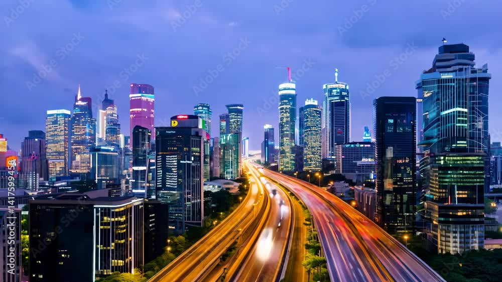 Busy highway cuts through neon lit metropolis, night traffic forging bright lines of motion. Rapid flow showcases urban progress, fueling modern energy for future oriented transport solutions. Busy highway cuts through neon lit metropolis, night traffic forging bright lines of motion. Rapid flow showcases urban progress, fueling modern energy for future oriented transport solutions.