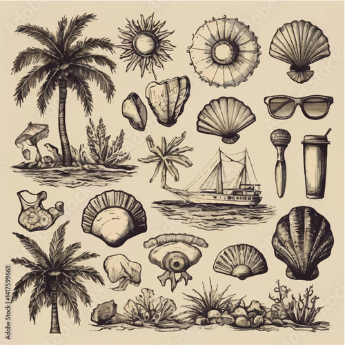 A vector set showcases summer beach icons featuring tropical elements like palm trees, sun, sea waves, and sand, perfect for vacation and travel illustrations