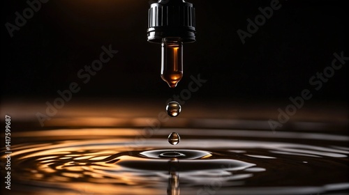 Skincare routine toner night concept, A dropper releasing a droplet into calm water, creating ripples against a dark background.