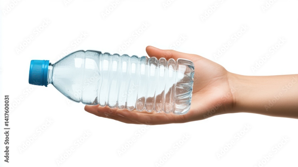 healthy lifestyle and diet concept - hand holding plastic water bottle isolated on white background