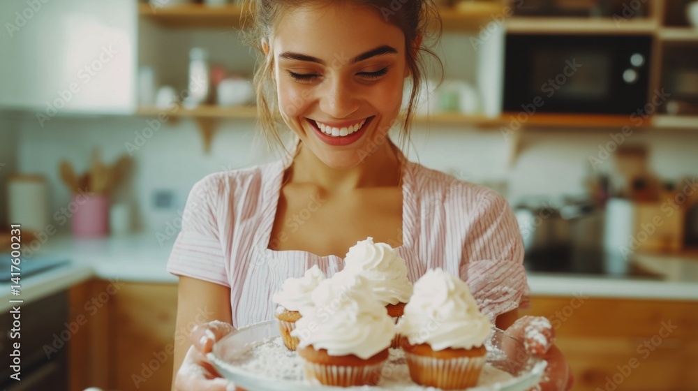 culinary, baking and people concept - happy smiling young woman cooking food on kitchen at home with cupcakes making topping of whipped cream or mascarpone cheese