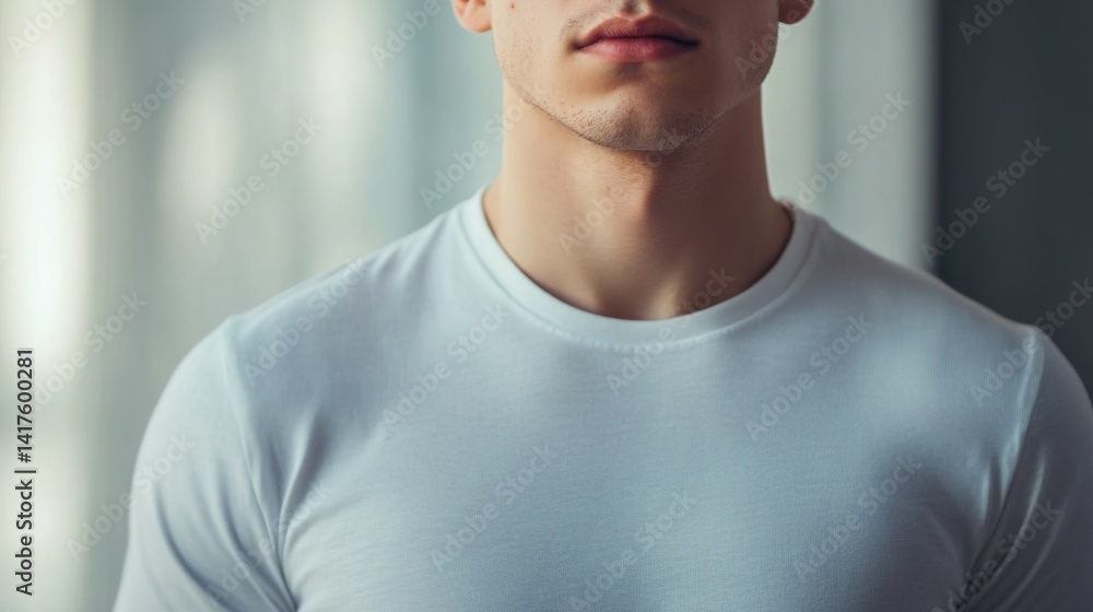 close up of young man in blank white t-shirt