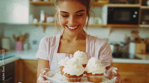 Obraz na płótnie culinary, baking and people concept - happy smiling young woman cooking food on kitchen at home with cupcakes making topping of whipped cream or mascarpone cheese w salonie