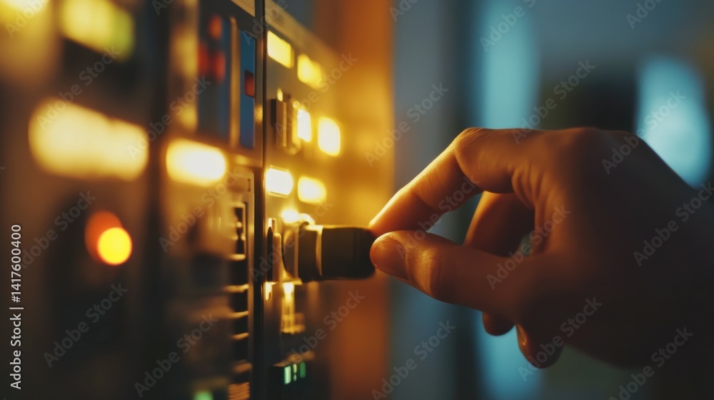 electricity, energy and power consumption concept - close up of hand switching electric board at home