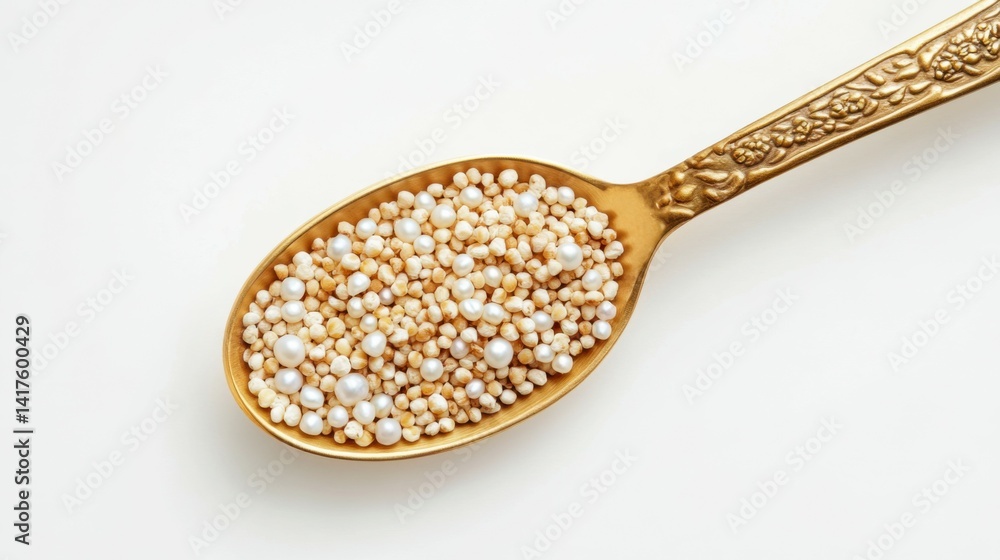 Premium Millet Grains and Pearl in Golden Spoon on White Background Concept of Healthy Nourishment