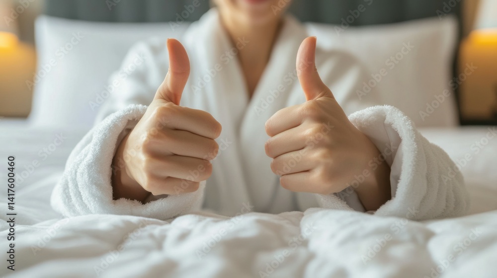 gesture, comfort and morning concept - hands of young woman in hotel robe lying in bed and showing thumbs up at bedroom