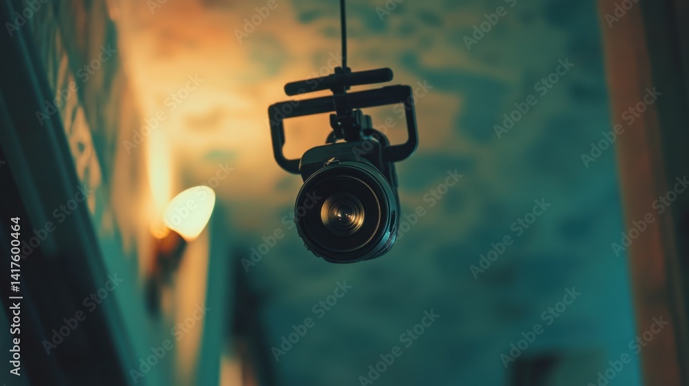 A camera is hanging from the ceiling