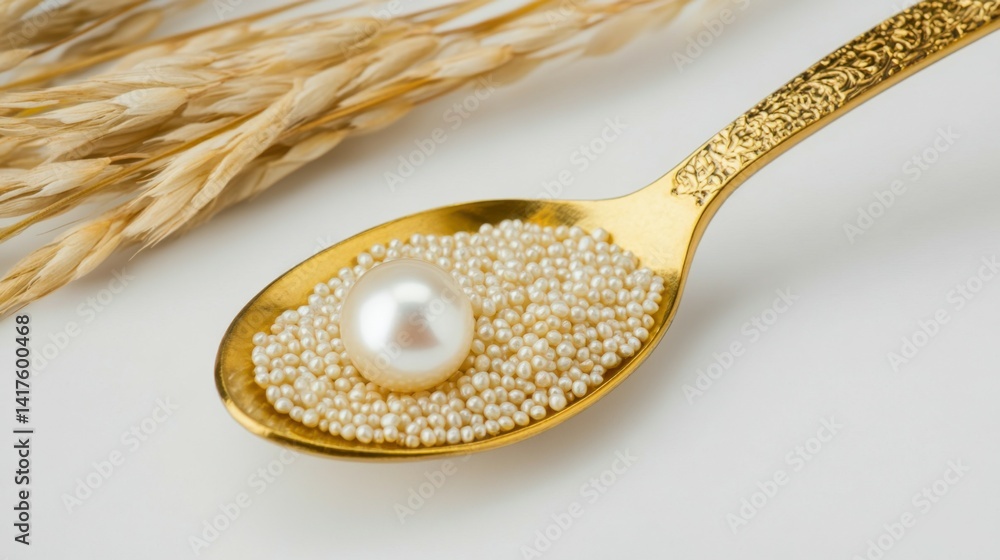 Premium Millet Grains and Pearl in Golden Spoon on White Background Concept of Healthy Nourishment
