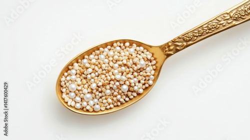Obraz na płótnie Premium Millet Grains and Pearl in Golden Spoon on White Background Concept of Healthy Nourishment w salonie