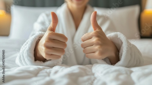 gesture, comfort and morning concept - hands of young woman in hotel robe lying in bed and showing thumbs up at bedroom